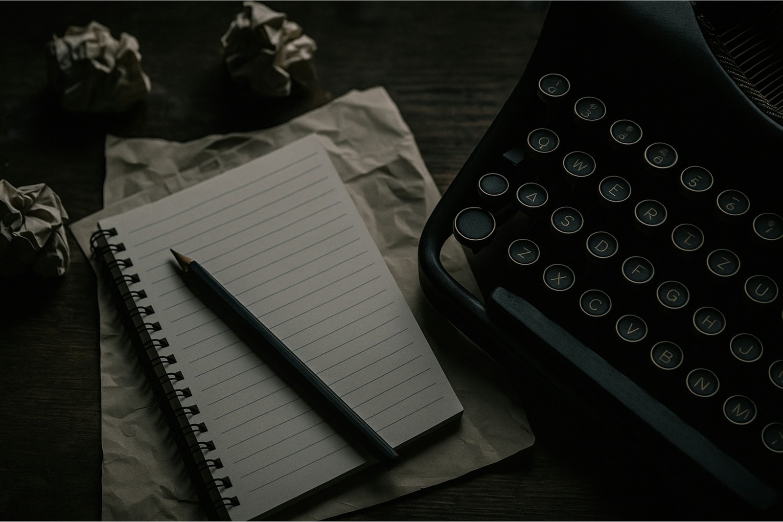 A vintage typewriter and open notebook on a dark wooden desk under low light